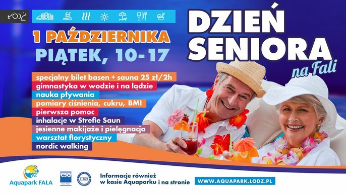 Dzień seniora na FALI 11 października od 10 do 17. Bilety na basen i saunę 25 zł za godzinę. Gimnastyka w wodzie i na lądzie. Nauka pływania. Pomiary ciśnienia i cukru. Jesienne makijaże i pielęgnacja. Warsztat florystyczny. Nordic walking. 