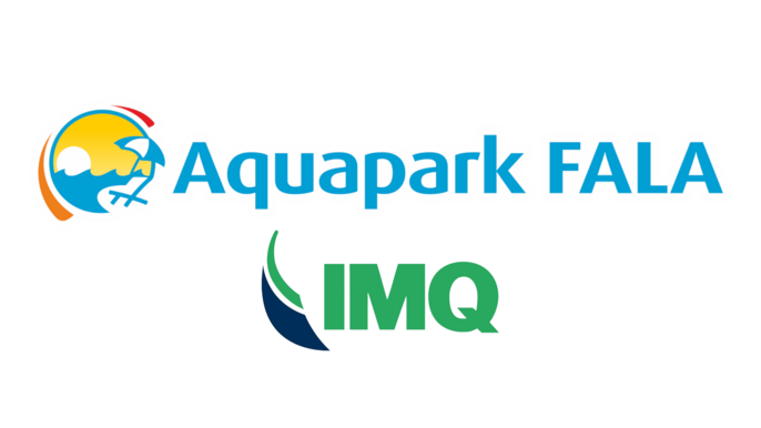 Logotyp Aquaparku FALA oraz jednostki certyfikującej IMQ na białym tle. Logotyp Aquaparku w kolorach: niebieski, żółty, pomarańczowy. Logotyp IMQ w kolorach: granatowy i zielony. 
