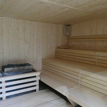 Wnętrze małej sauny zewnętrznej. Cała sauna obudowana drewnem. Po prawej trzy rzędy drewnianych siedzisk, przy ścianie naprzeciw podwójny, prostokątny piec pokryty kamieniami.