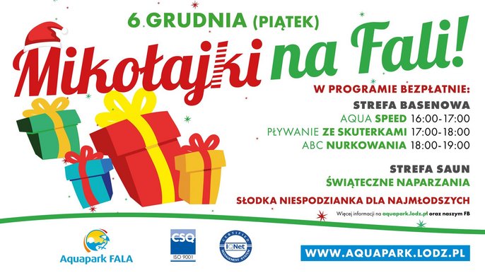 Infografika: Mikołajki na FALI 6 grudnia w piątek. W programie bezpłatne zajęcia Aqua Speed o 16, pływanie ze skuterkami o 17 i ABC nurkowania o 18. W Strefie Saun czekają świąteczne naparzania, a dla najmłodszych mamy słodkie niespodzianki. 