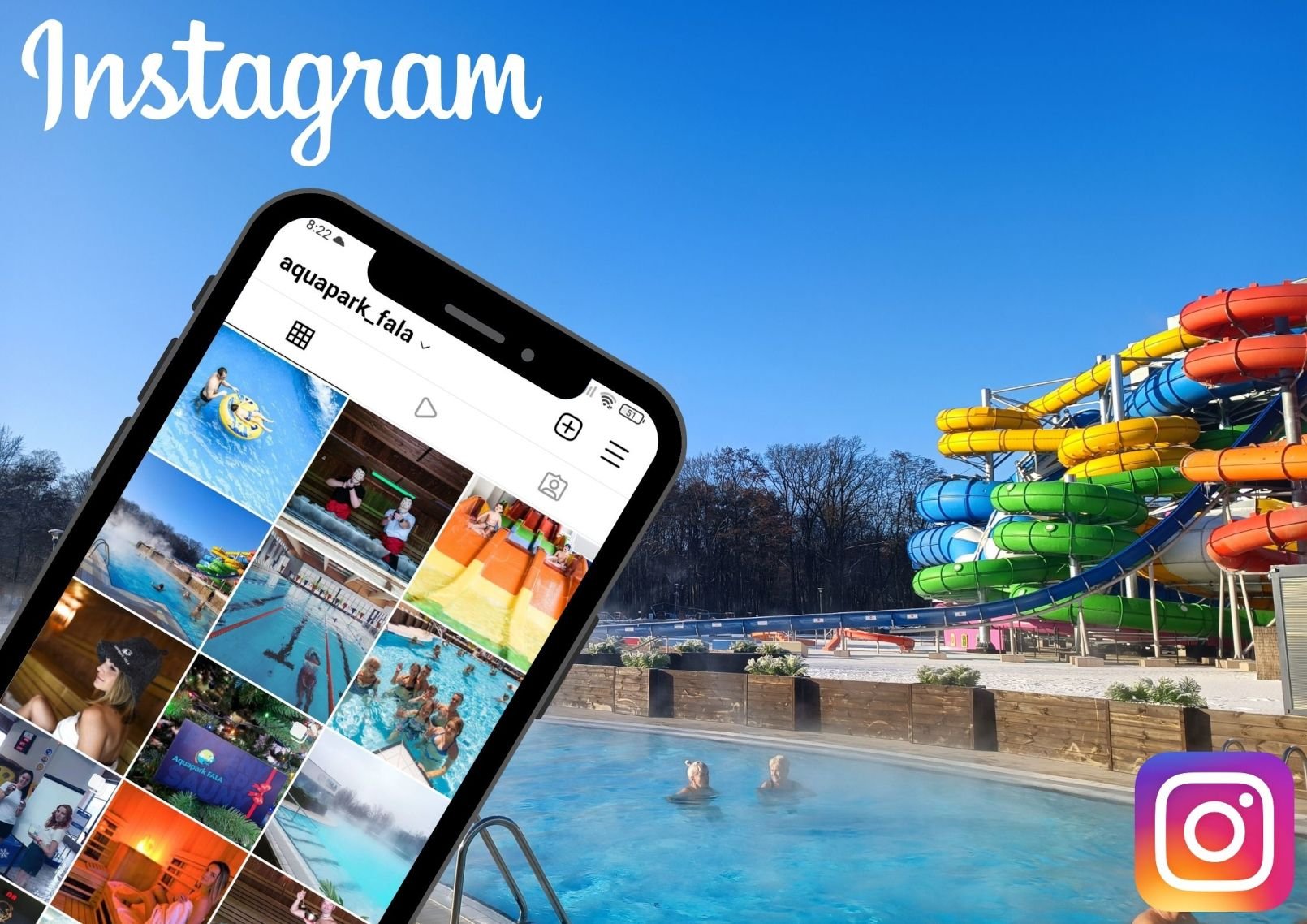 Link kierujący do oficjalnego profilu Aquaparku FALA na Instagramie - na tle zjeżdżalni i basenu wypływowego widać telefon z otwartym na nim Instagramem Aquaparku.