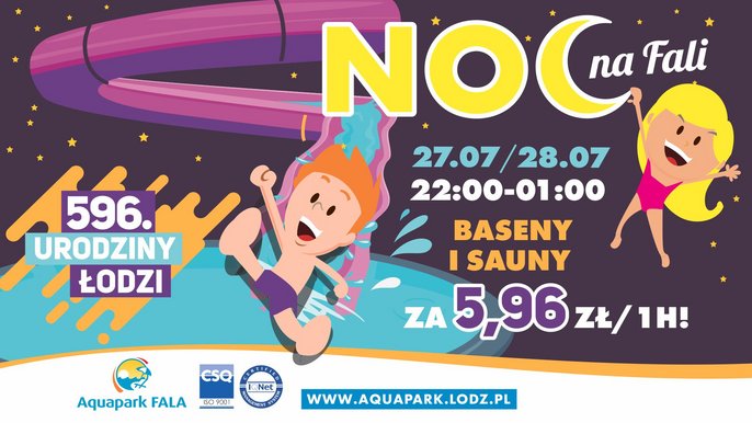 Noc na FALI 27-28 lipca, od 22 do 1 w nocy. 596 urodziny Łodzi. Baseny i sauny za 5,96 zł za godzinę. 