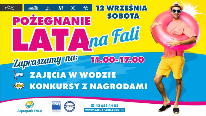 Pożegnanie Lata na FALI - 12 września sobota w godzinach 11:00-17:00. Zapraszamy na zajęcia w wodzie i konkursy z nagrodami. 