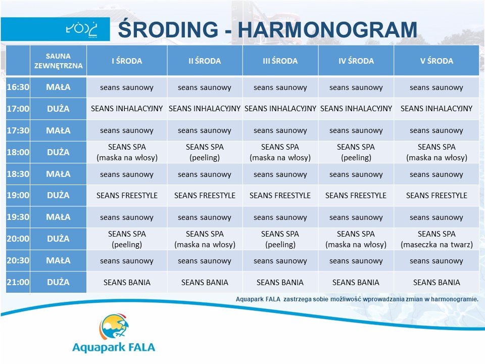 Miesięczny harmonogram ceremonii przeprowadzanych w środy w ramach programu Środing na FALI. Harmonogram do pobrania w formacie PDF znajduje się powyżej.