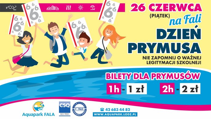 Dzień Prymusa na FALI - 26 czerwca (piątek). Nie zapomnij o ważnej legitymacji szkolnej. Bilety dla Prymusów - 1 zł za 1 godzinę, 2 zł za 2 godziny. 