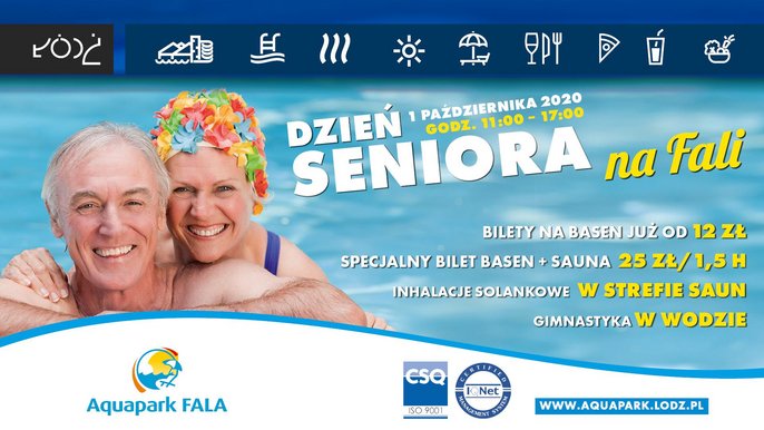 Dzień Seniora na FALI 1 października od 11 do 17. Bilety na basen już od 12 zł, bilet łączony basen i sauna za 25 zł za 1,5 godziny. Inhalacje solne w Strefie Saun. Gimnastyka w wodzie. 