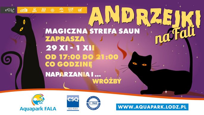 Infografika: Andrzejki na FALI. Magiczna Strefa Saun zaprasza w weekend 29 listopada - 1 grudnia. Od 17 do 21 co godzinę naparzania oraz wróżby. 