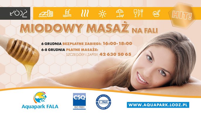 Infografika: miodowy masaż na FALI. 6 grudnia bezpłatne zabiegi w godzinach 16-18. 6-8 grudnia płatne masaże: zapisy i szczegóły pod nr telefonu 42 630 50 65. 