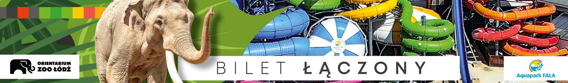 Infografika Biletu Łączonego. Logotypy: Aquapark FALA, ZOO Orientarium Łódź. Bilet Łączony.
